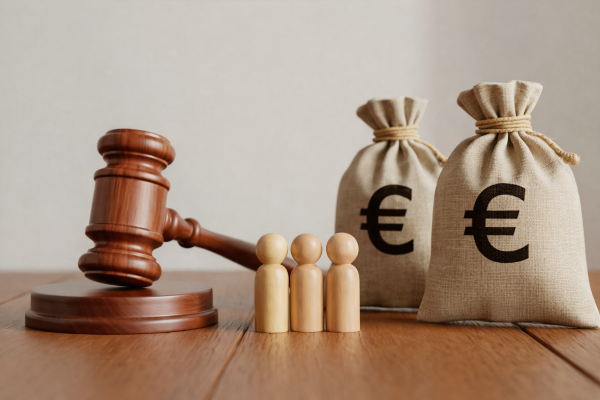 Imagen de un mazo de juez, tres figuras de madera y dos sacos con el símbolo del euro (€) sobre una mesa.